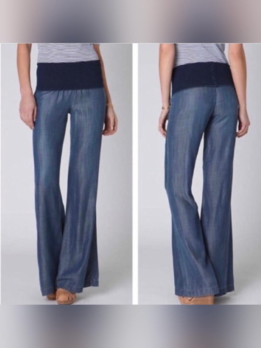 Anthropologie Elevenses Wide Leg Harris Chambray Pants Size Large